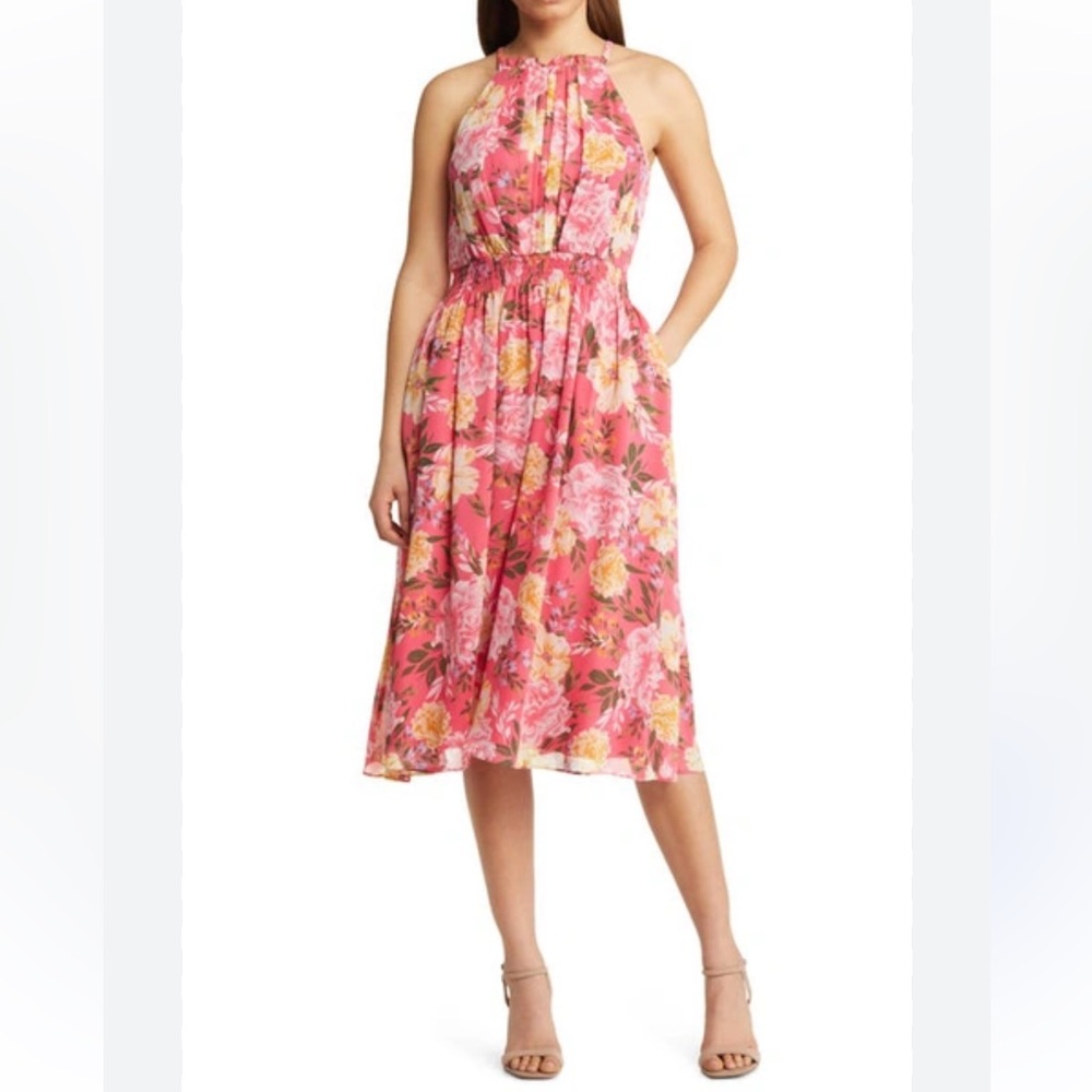 Vince Camuto Halter Neck Floral Midi Dress